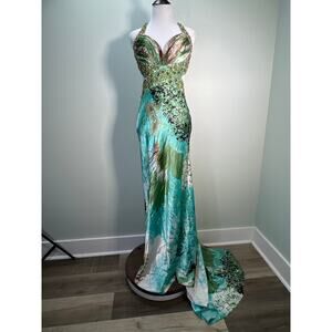 Vintage Jovani Beaded Dress Womens 4 Blue Green Multi Mermaid Train Y2K